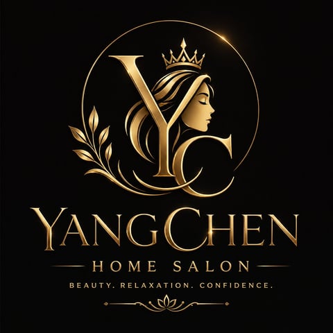 YangChen Home Salon logo featuring a gold woman with crown in decorative circle on black background, beauty and relaxation branding